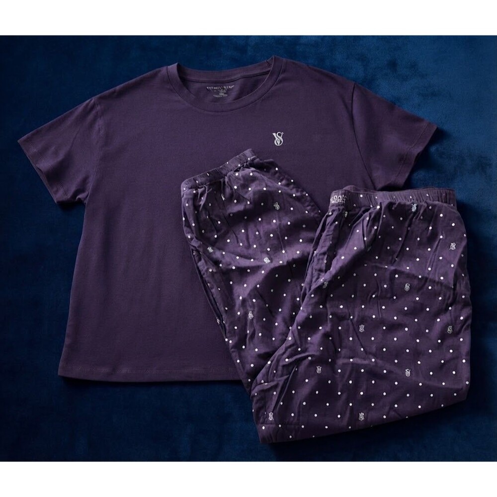 Victoria's Secret Women XL Purple Polka Dot Cotton Blend Pajama Set Tee Pants